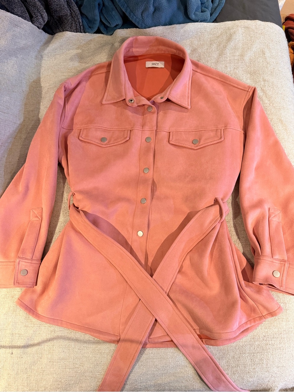 Suzy Shier Coral Pink Faux Suede Belted Shacket